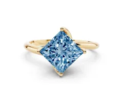 Fancy Blue Princess Cut Diamond Solitaire Engagement Ring Set in Yellow gold with Classic Plain Band