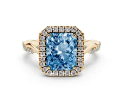 Fancy Blue Radiant Cut Diamond Halo Twist Band Solitaire Ring Set in Yellow gold with Prong Setting