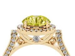 Fancy Yellow Round Cut Diamond Halo Ring Set in Yellow gold with Pavé-Lined Split Shank Band