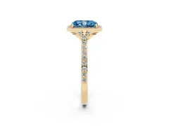 Fancy Blue Radiant Cut Diamond Halo Engagement Ring Set in Yellow gold with Round Pavé Shoulders and Heart Gallery