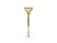 Fancy Yellow Emerald Cut Diamond Three-Stone Ring Set in Yellow gold with Pavé Band and Graduated Sides