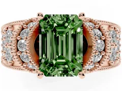 Fancy Green Emerald Cut Diamond Milgrain Halo Pavé Engagement Ring Set in Rose gold with Prong Setting