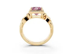 Fancy Pink Princess Cut Diamond Halo Floral Band Ring Set in Yellow gold with Prong Setting