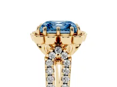 Fancy Blue Asscher Cut Diamond Floral Halo Split Shank Engagement Ring Set in Yellow gold with Pavé Shank