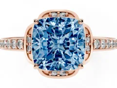 Fancy Blue Cushion Cut Diamond Halo Ring Set in Rose gold with Channel Set Band and Prong Setting