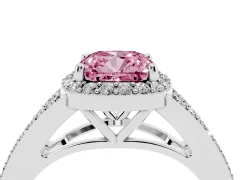 Fancy Pink Cushion Cut Diamond Halo Split Shank Pavé Ring Set in Silver with Prong Setting