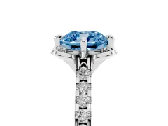 Fancy Blue Cushion Cut Diamond Solitaire Ring Set in Silver with Pavé Band and Floral Prong Setting