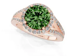 Fancy Green Round Cut Diamond Halo Split Shank Ring Set in Rose gold with Accent Stones and Prong Setting
