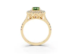 Fancy Green Emerald Cut Diamond Double Halo Ring Set in Yellow gold with Pavé Split Shank and Prong Setting