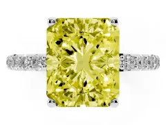 Fancy Yellow Radiant Cut Diamond Solitaire Engagement Ring Set in Platinum with Round Pavé Band and Prong Setting
