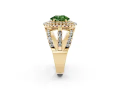 Fancy Green Oval Cut Diamond Double Halo Ring Set in Yellow gold with Round Pavé Split Shank