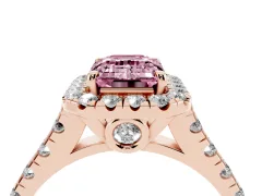 Fancy Pink Emerald Cut Diamond Halo Engagement Ring Set in Rose gold with Pavé Band and Prong-Set Center