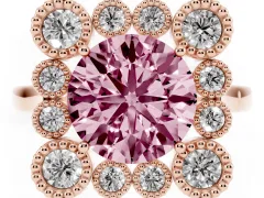 Fancy Pink Round Cut Diamond Cluster Halo Ring Set in Rose gold with Milgrain Bezel Accents and Plain Band