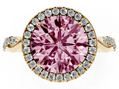 Fancy Pink Round Cut Diamond Halo Twist Band Solitaire Ring Set in Yellow gold with Prong Setting