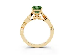 Fancy Green Cushion Cut Diamond Vine Band Solitaire Ring Set in Yellow gold with Milgrain Prong Setting