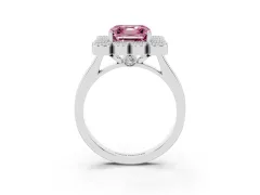 Fancy Pink Asscher Cut Diamond Cluster Halo Ring Set in White gold with Milgrain Bezel Accents and Plain Band