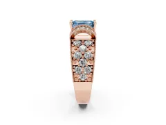 Fancy Blue Emerald Cut Diamond Milgrain Halo Pavé Engagement Ring Set in Rose gold with Prong Setting