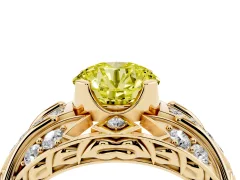 Fancy Yellow Round Cut Diamond Art Deco Ring Set in Yellow gold with Pavé Split Shank