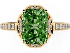 Fancy Green Radiant Cut Diamond Halo Ring Set in Yellow gold with Channel Set Band and Prong Setting