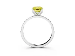 Fancy Yellow Radiant Cut Diamond Solitaire Engagement Ring Set in Platinum with Round Pavé Band and Prong Setting