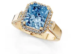 Fancy Blue Radiant Cut Diamond Halo Ring Set in Yellow gold with Pavé-Lined Split Shank Band