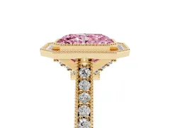 Fancy Pink Radiant Cut Diamond Halo Milgrain Pavé Band Ring Set in Yellow gold with Prong Setting