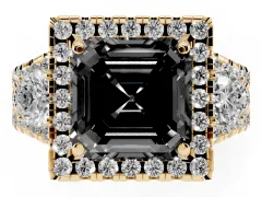 Fancy Black Asscher Cut Diamond Halo Split Shank Ring Set in Yellow gold with Round Accent Stones and Prong Setting