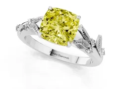 Fancy Yellow Cushion Cut Diamond Solitaire Ring Set in Platinum with Leaf Motif Band
