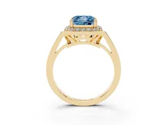 Fancy Blue Princess Cut Diamond Halo Ring Set in Yellow gold with Accent-Lined Split Shank and Prong Setting