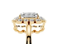 Emerald Cut Diamond Halo Cluster Engagement Ring Set in Yellow gold with Solitaire Band and Prong Setting
