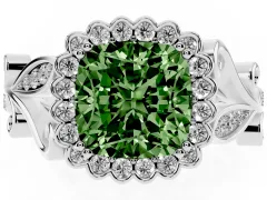 Fancy Green Cushion Cut Diamond Halo Ring Set in White gold with Leaf Motif Split Shank and Prong Setting