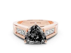 Fancy Black Heart Cut Diamond Solitaire Ring Set in Rose gold with Channel-Set Accent Stones and Prong Setting