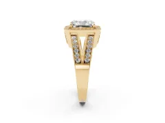 Radiant Cut Diamond Halo Ring Set in Yellow gold with Stone-Set Split Shank and Milgrain Edges