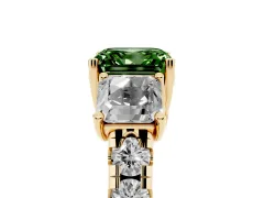 Fancy Green Asscher Cut Diamond Three-Stone Ring Set in Yellow gold with Pavé Band