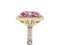 Fancy Pink Radiant Cut Diamond Halo Engagement Ring Set in Yellow gold with Round Pavé Shoulders and Heart Gallery