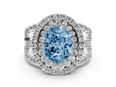 Fancy Blue Oval Cut Diamond Double Halo Ring Set in Platinum with Round Pavé Split Shank