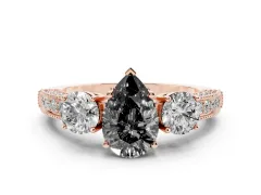 Fancy Black Pear Cut Diamond Three-Stone Ring Set in Rose gold with Round Side Stones and Pavé Band