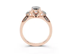 Emerald Cut Diamond Three-Stone Ring Set in Rose gold with Pavé Band and Smaller Side Stones