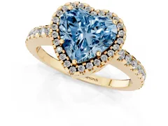 Fancy Blue Heart Cut Diamond Halo Ring Set in Yellow gold with Pavé Shoulders and Halo-Framed Center