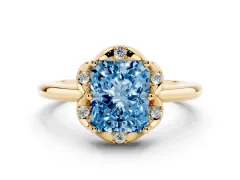 Fancy Blue Radiant Cut Diamond Round Cluster Halo Ring Set in Yellow gold with Solitaire Band and Prong Setting