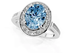 Fancy Blue Oval Cut Diamond Halo Ring Set in Platinum with Accent-Lined Split Shank and Prong Setting
