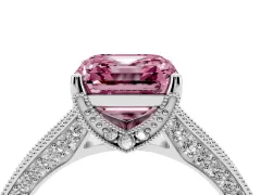 Fancy Pink Asscher Cut Diamond Solitaire Ring Set in Silver with Milgrain-Edged Pavé Band and Prong Setting