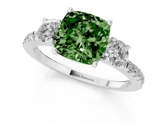 Fancy Green Cushion Cut Diamond Three-Stone Ring Set in White gold with Pavé Band and Graduated Sides