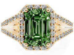 Fancy Green Emerald Cut Diamond Halo Split Shank Pavé Ring Set in Yellow gold with Prong Setting