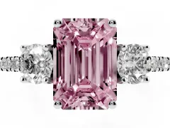 Fancy Pink Emerald Cut Diamond Three-Stone Ring Set in White gold with Pavé Band and Graduated Sides