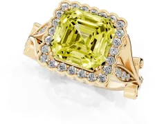 Fancy Yellow Asscher Cut Diamond Halo Ring Set in Yellow gold with Leaf Motif Split Shank and Prong Setting