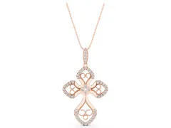 Round Diamond Cross Pendant Set in Rose gold with Pavé and Milgrain Edge