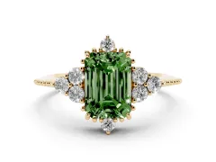 Fancy Green Emerald Cut Diamond Cluster Ring Set in Yellow gold with Beaded Band