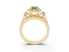 Fancy Green Oval Cut Diamond Halo Split Shank Ring Set in Yellow gold with Round Accent Stones and Prong Setting