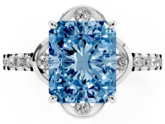 Fancy Blue Radiant Cut Diamond Solitaire Ring Set in White gold with Pavé Band and Floral Prong Setting